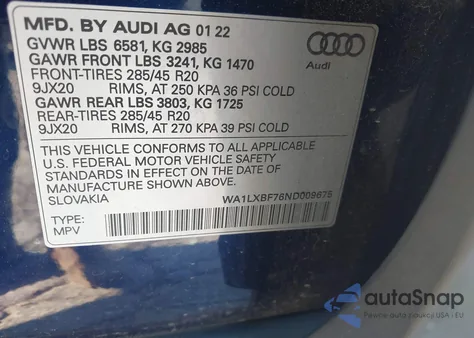 2022 Audi Q7 Premium Plus 55 Tfsi Quattro Tiptronic из США, поврежденный, VIN WA1LXBF76ND009675